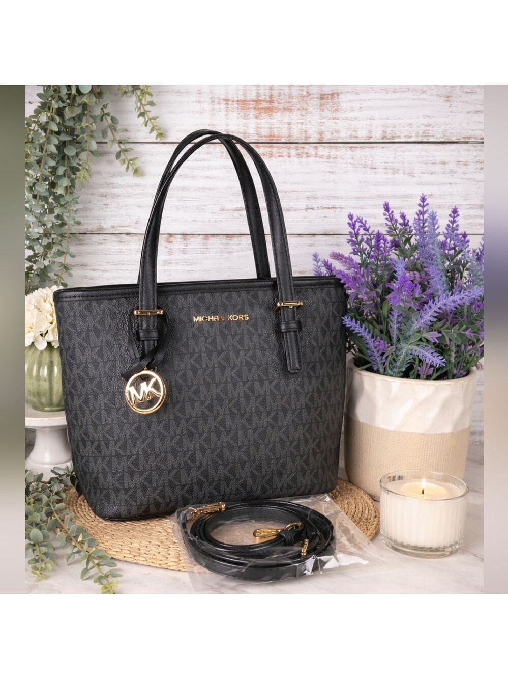 Michael Kors Black Monogram Jet Set Tote Small bag with Gold Accents‎ Crossbody